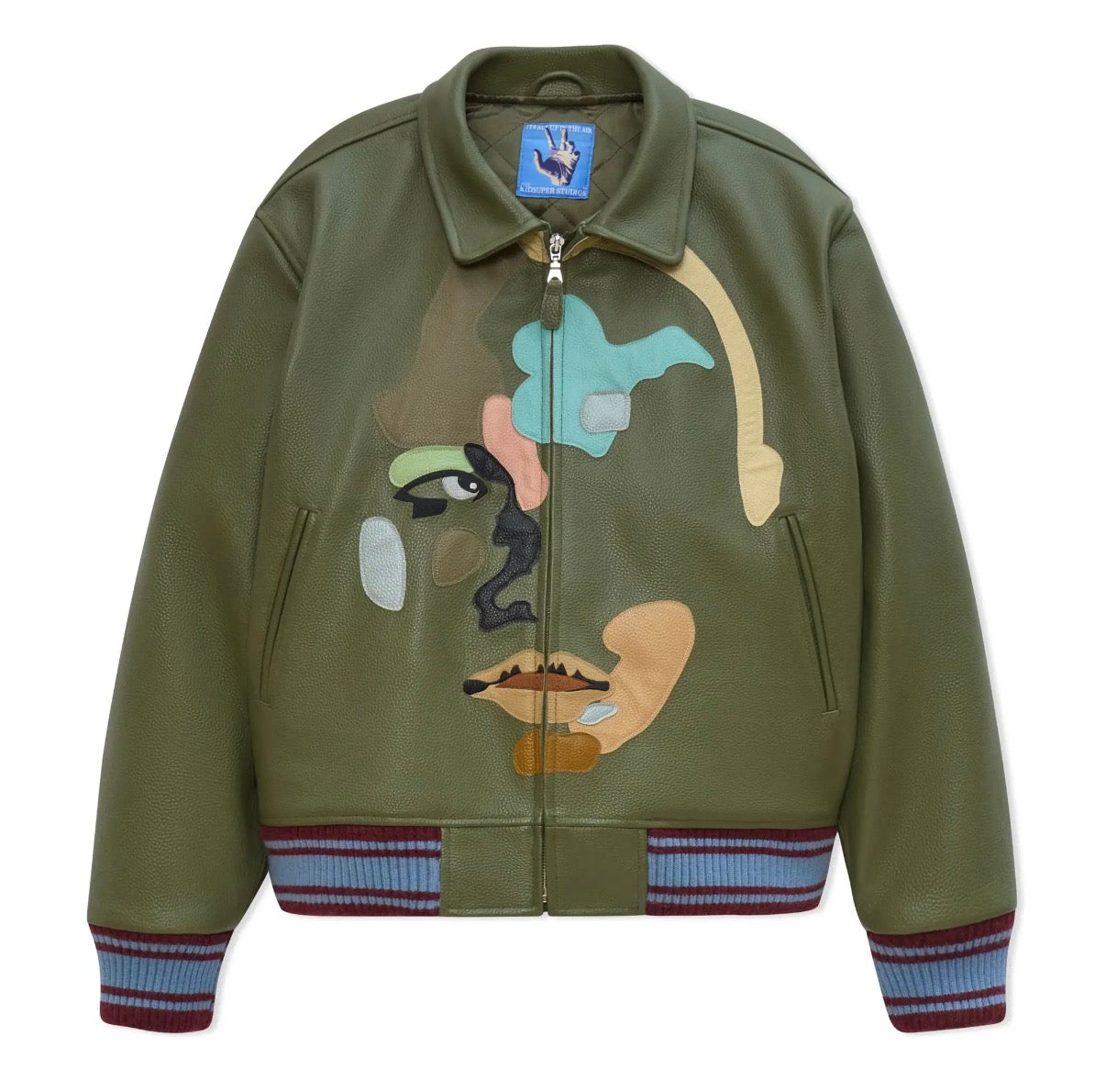 Patchwork Face Leather Varsity Jacket – Green