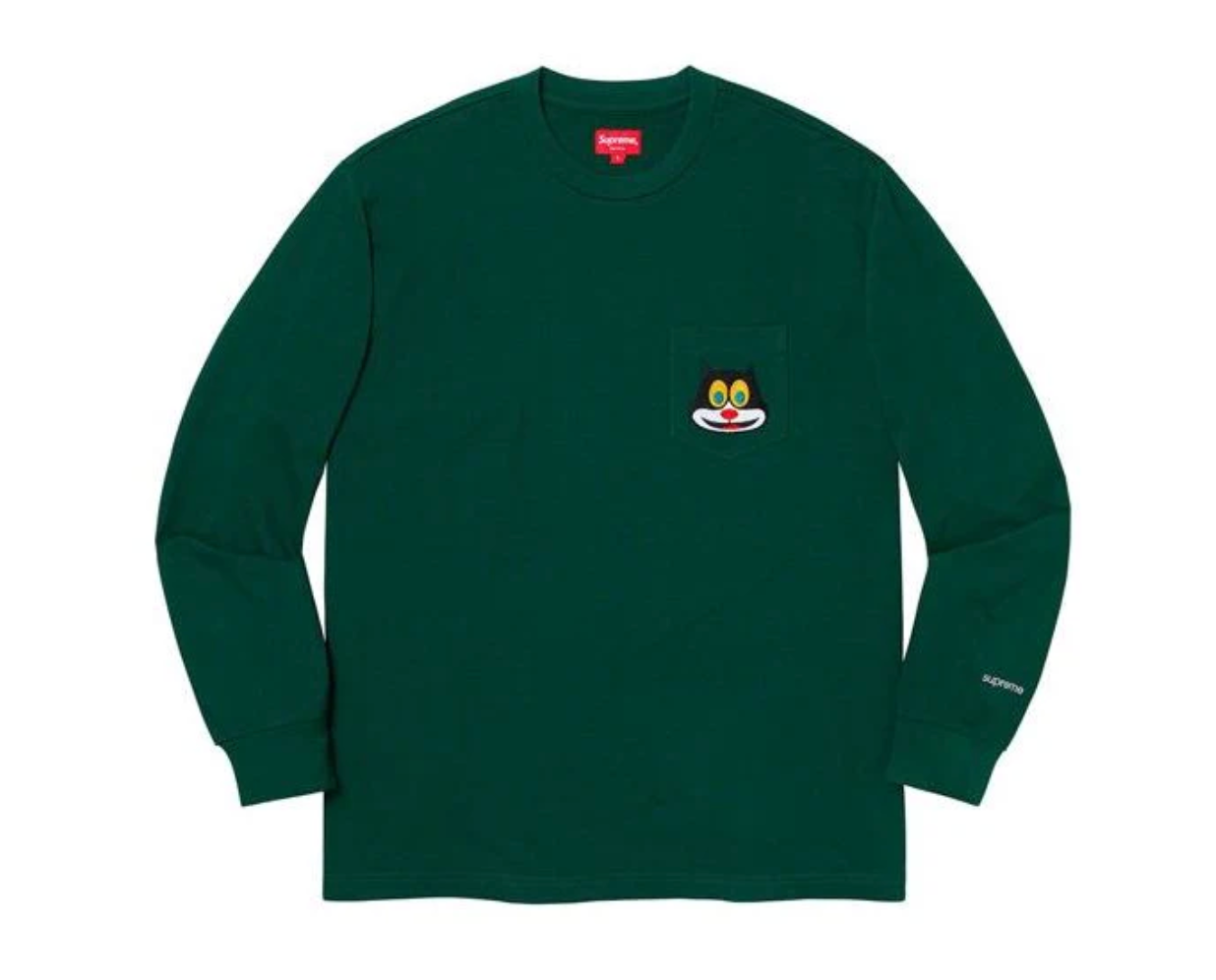 Cat Pocket Tee Chest Kitten Long Sleeves Unisex Green