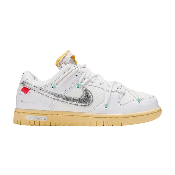 Off-White x Nike Dunk Low "Lot 01 of 50" in white with silver Swoosh, side view