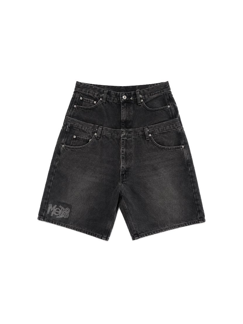 Double-Waistband Denim Shorts — Black