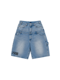 Double-Waistband Denim Shorts — Light Blue