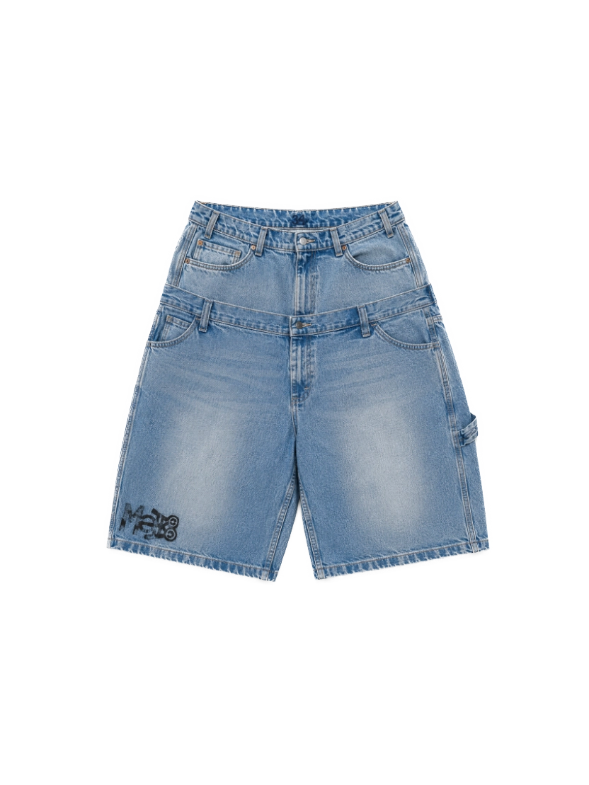 Double-Waistband Denim Shorts — Light Blue