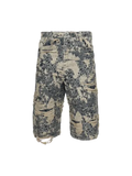 Acne Studios monogram denim shorts with camouflage pattern, heavy rips, and frayed details