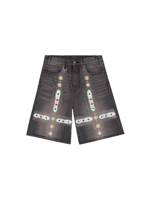 Grey BLK Sapphire denim jorts with colorful geometric and floral embroidery
