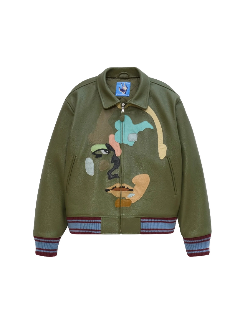 Patchwork Face Leather Varsity Jacket — Green