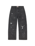 Vale Forever black pinstripe denim pants with ripped details and paint-splatter accents