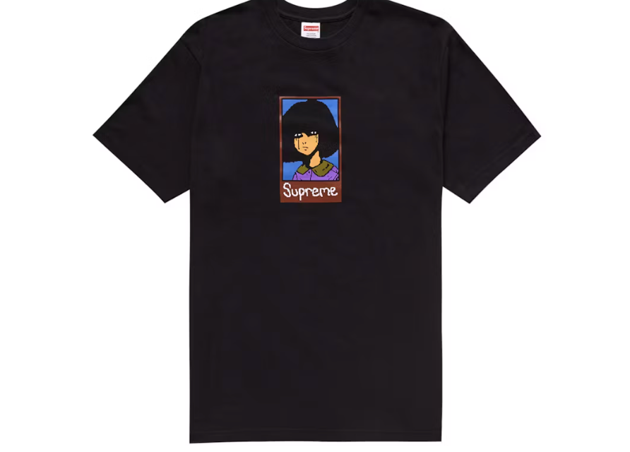Black Supreme Portrait Tee with illustrated portrait graphic, front view