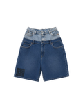 Two-Tone Double-Waistband Denim Shorts