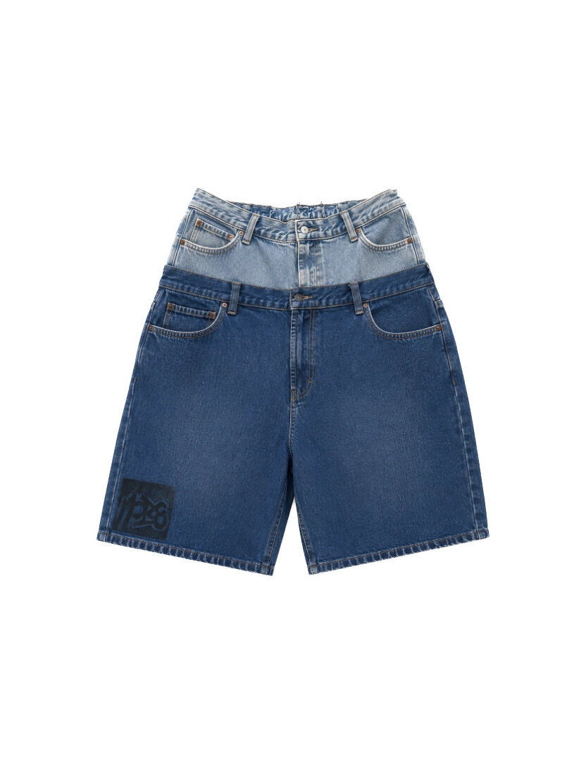 Two-Tone Double-Waistband Denim Shorts